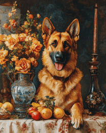 German Shepard and Vase