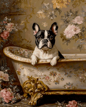 Brindle French Bulldog in Bathtub