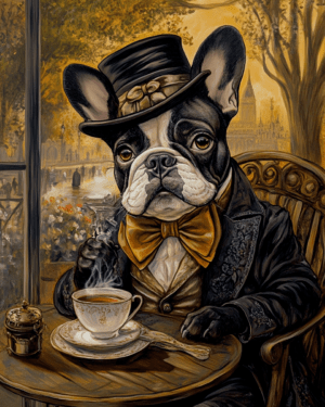 Brindle French Bulldog at Paris Cafe