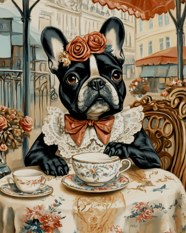 Lady Brindle French Bulldog at Paris Cafe