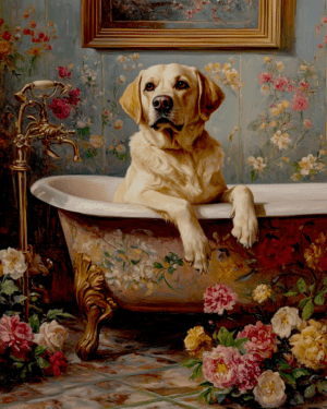 Labrador Retriever in Bathtub