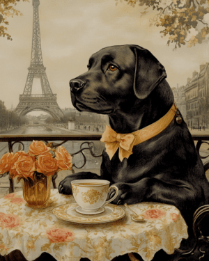 Black Labrador Retriever at a Paris Cafe