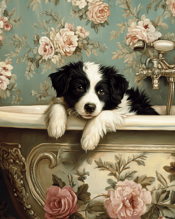 Young Border Collie Puppy in Bathtub