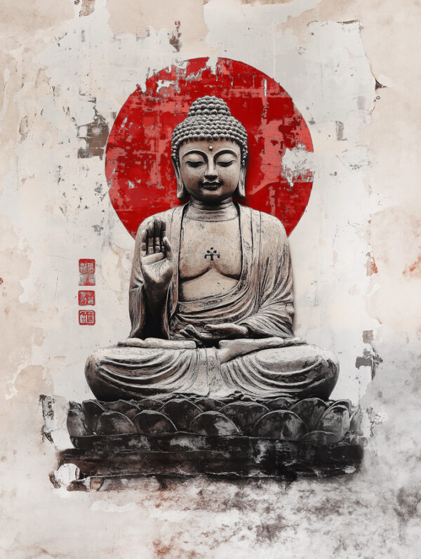 Buddha carved in stone, meditating in front of a red sun. The colors are neutral, punctuated by a vibrant red.