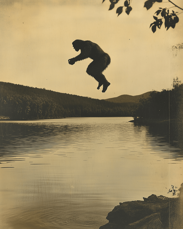 Bigfoot Jumping in Lake