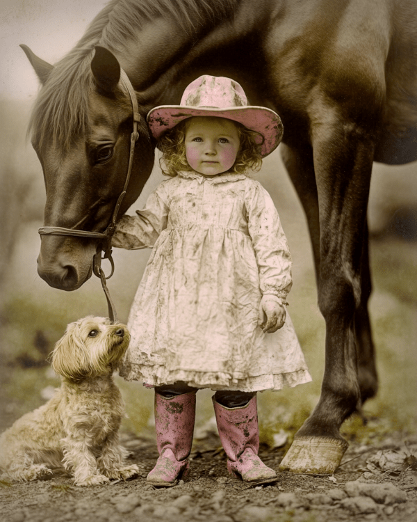 Little Cowgirl Showing Her Dog and Horse