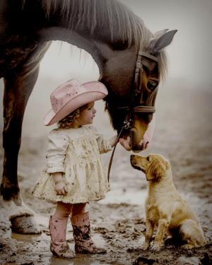 Little Cowgirl with Her Dog and Horse