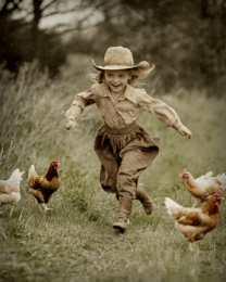 Little Cowgirl Running Through the Chickens