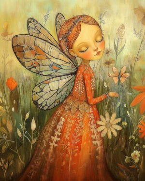 Folk Art style Fairy smelling a Wildflower in a field