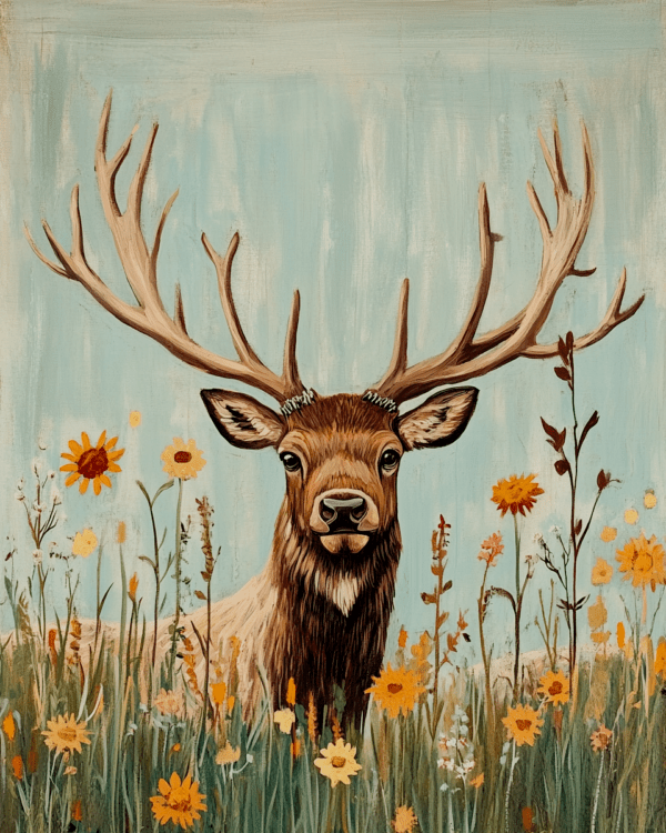 Folk Art Elk in Wildflower Field