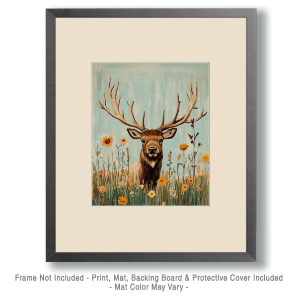 Folk Art Elk in Wildflower Field Artwork