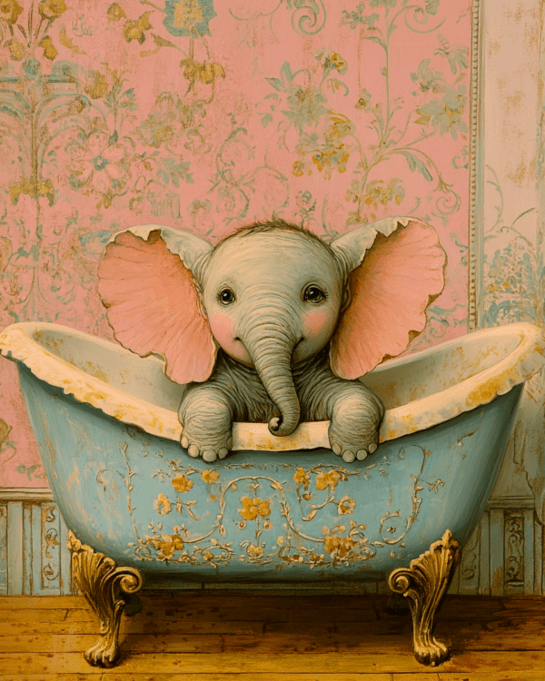 Baby Elephant in Painted Bathtub