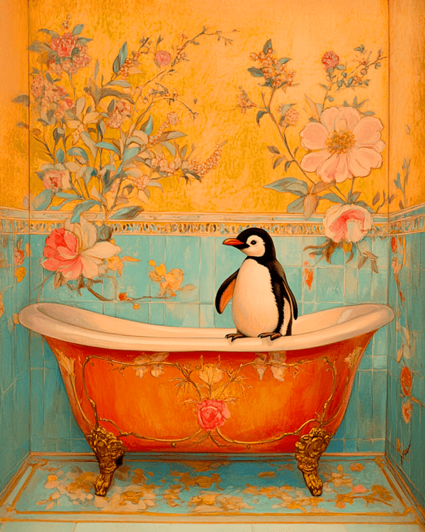 Penguin Standing on a Fancy Bathtub