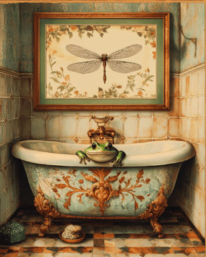 Frog in Bathtub with Dragonfly Art Above