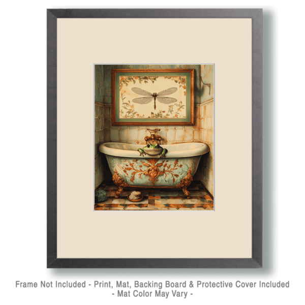 Frog in Bathtub with Dragonfly Art Above Art