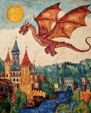 Folk Art Style Draco Flying Over Castle