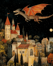 Old English Style Draco Flying Over Castle