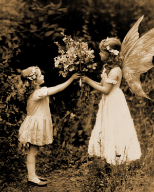 Vintage Little Girl with a Bouquet for a Fairy