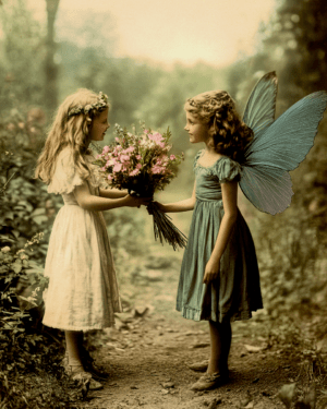 Colorized Vintage Photo of a Fairy and Her Friend