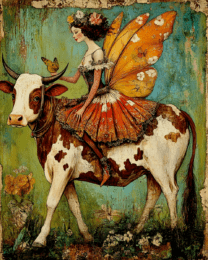 Folk Art Fairy Riding a Cow