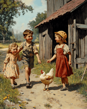 Children Walking with a Chicken