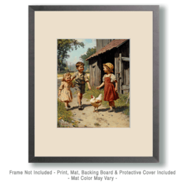 Children Walking with a Chicken Art