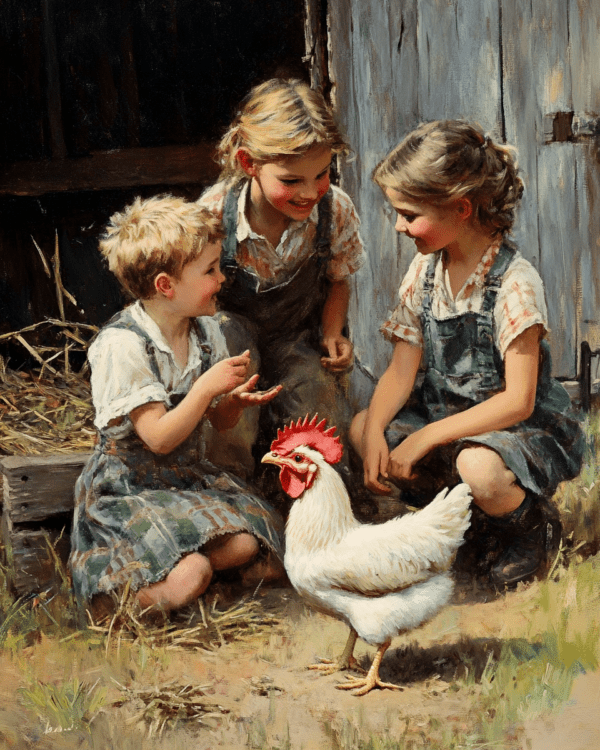 Children Playing by a Chicken