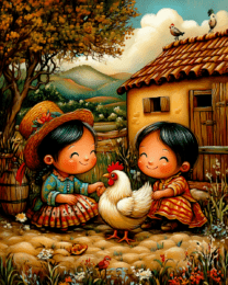 Cute Girls Playing with Chicken