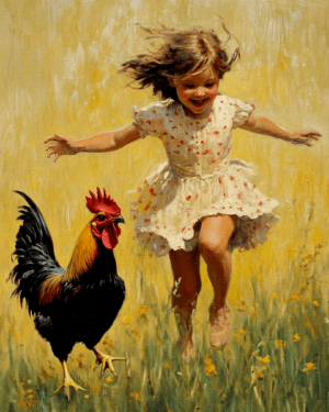 Young Girl Running with Rooster