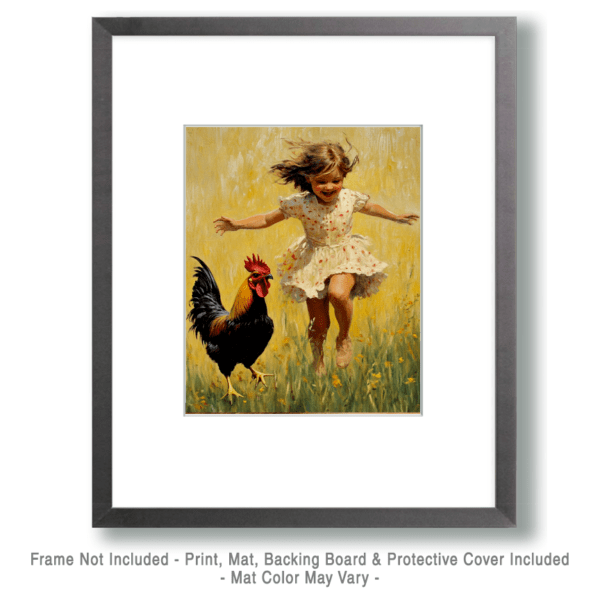 Young Girl Running with Rooster Art