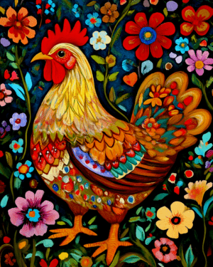 Folk Art Style Chicken with Flowers