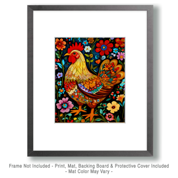 Folk Art Style Chicken with Flowers Art