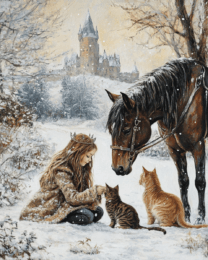 Freya, Cats and Horse, on a Winter's Day