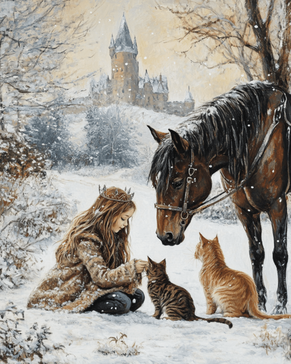 Freya, Cats and Horse, on a Winter's Day