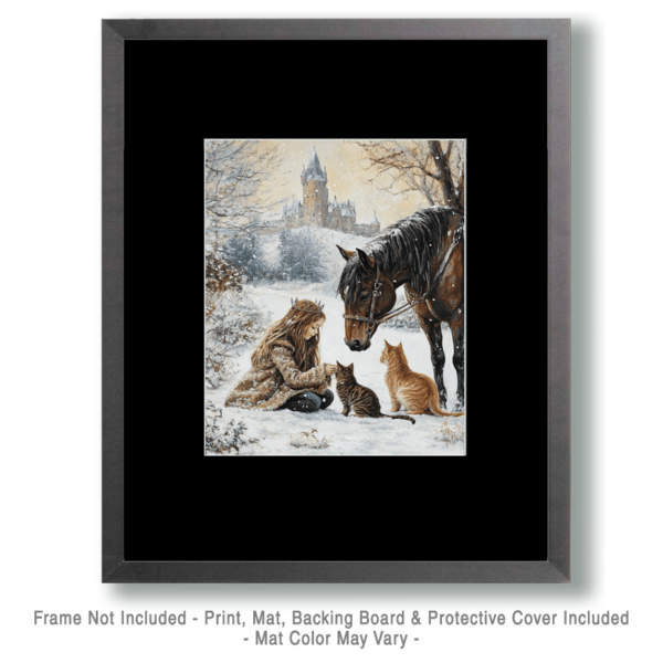 Freya, Cats and Horse, on a Winter's Day Art