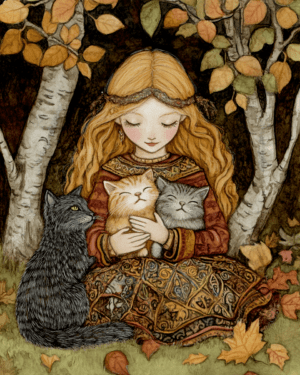 Folk Art Freya Cuddling Her Cats