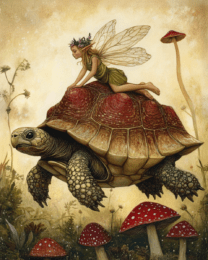 Fairy Riding a Tortoise Over Some Shrooms