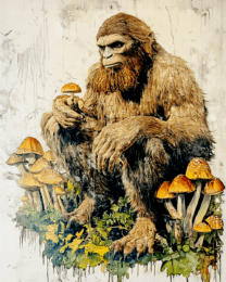 Vintage Bigfoot Among Amanita Shrooms