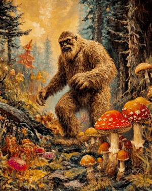 Bigfoot Walking Among Amanita Shrooms