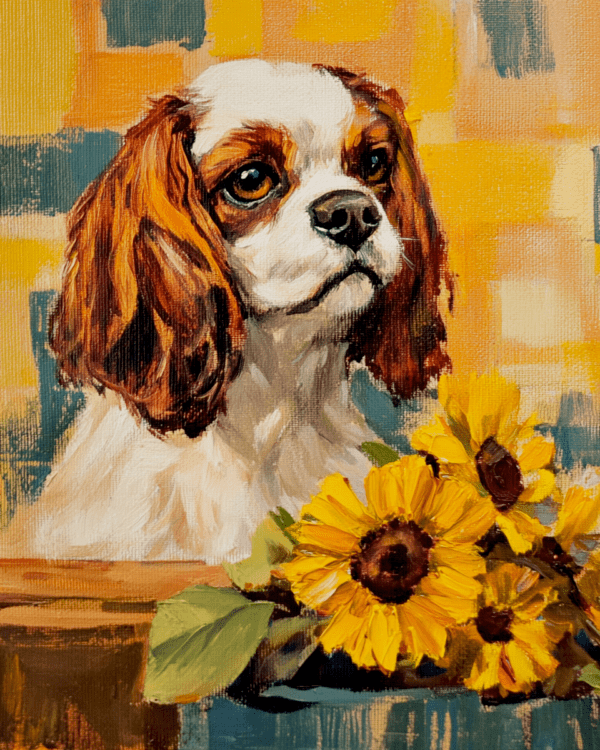 Sunflowers and Cavalier King Charles Spaniel