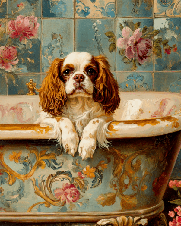 Cavalier King Charles Spaniel in a Bathtub