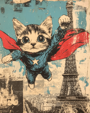 Vintage Kitty Hero Over Paris