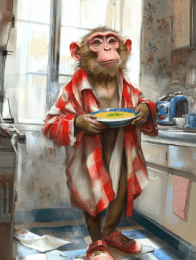 Monkey Marcel Makes a Mean Consomme in his kitchen wearing a robe and slippers