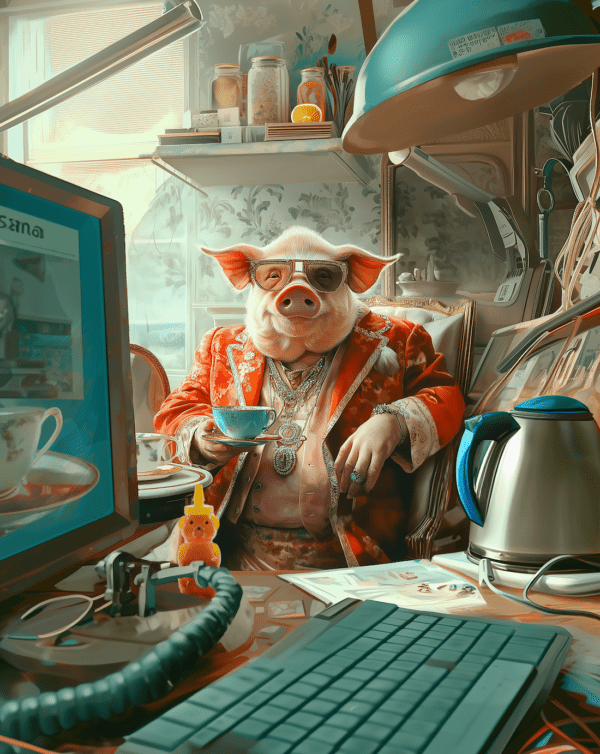 Persnickety Pig sitting in an office, drinking tea