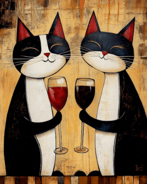 Folksy Cats with Wine Glasses