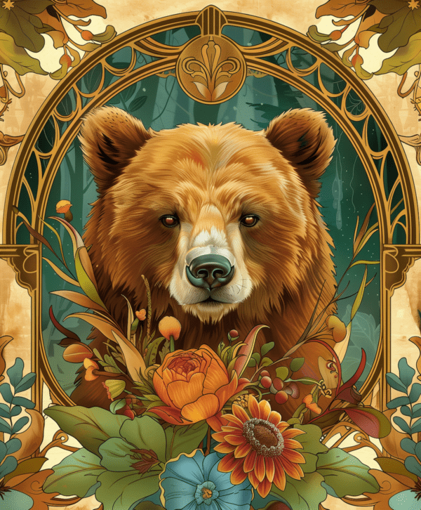 Art Nouveau Bear with Flowers Art Print