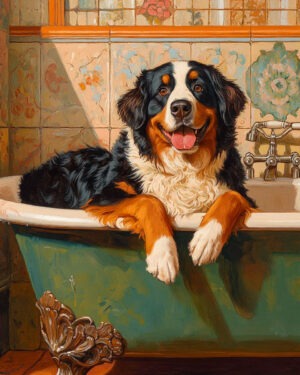 Bernese Mountain Dog Relaxing in Bathtub