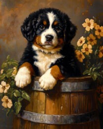 Bernese Mountain Dog Puppy in a Barrel