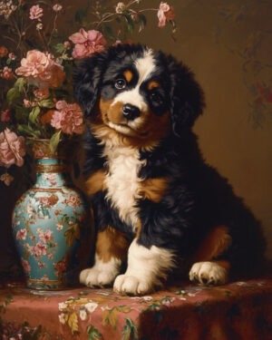 Bernese Mountain Dog Puppy by Vase