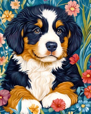 Watercolor Bernese Mountain Dog Puppy in Garden